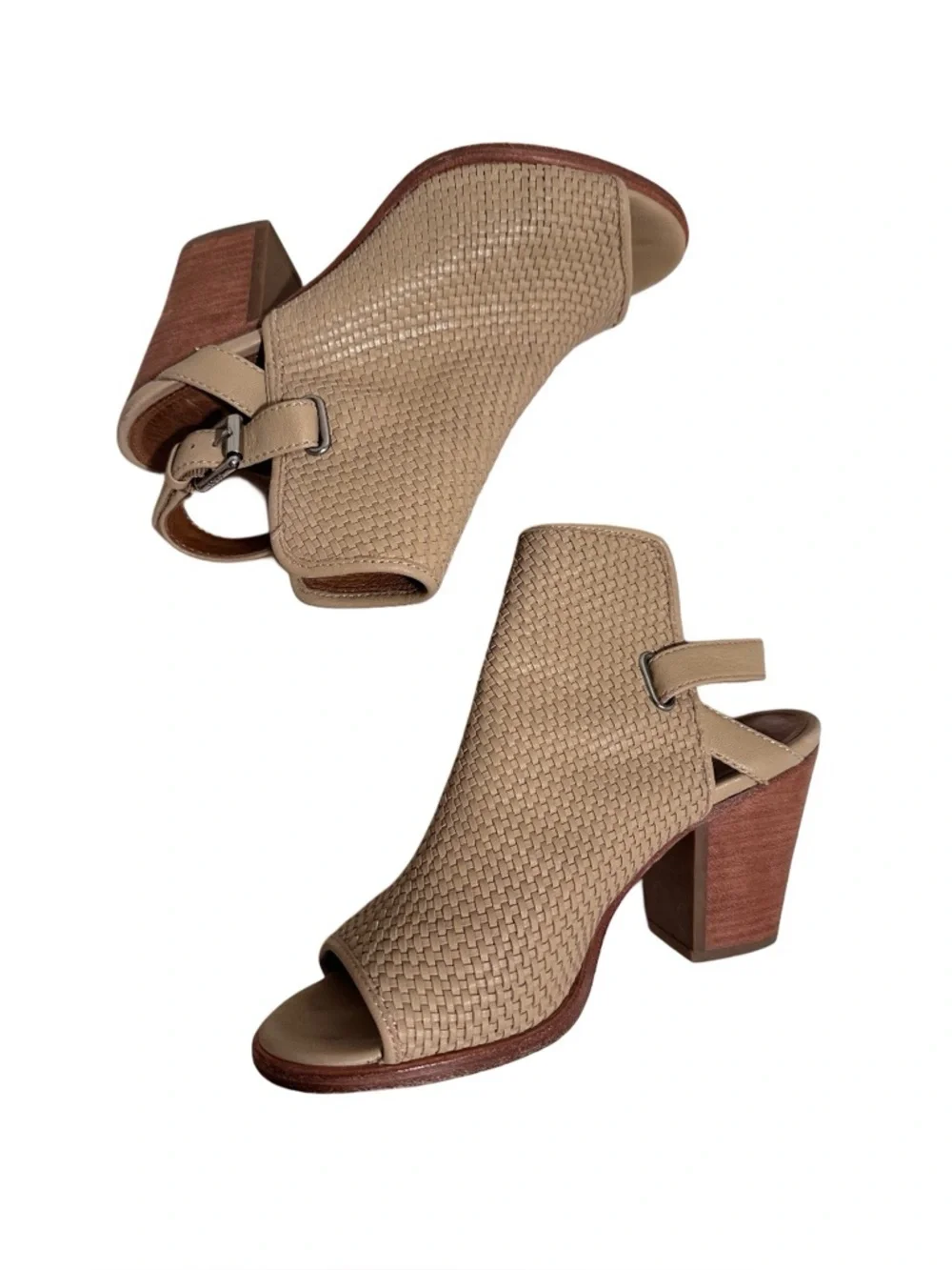 Frye Dani Woven Shield Leather Block Heel Peep Toe Sandals - Tan/Cream/Beige 8.5
